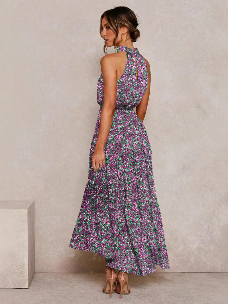 Halter Neck Wave Printing Lace-up midi Dress - Hstrends