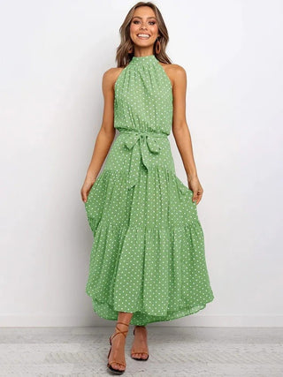 Halter Neck Wave Printing Lace-up midi Dress - Hstrends