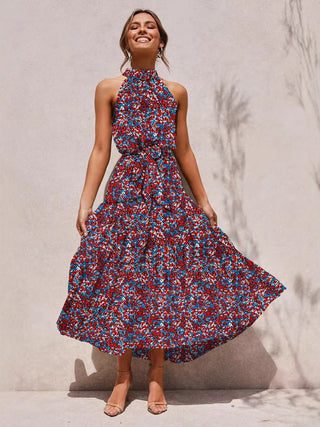 Halter Neck Wave Printing Lace-up midi Dress - Hstrends