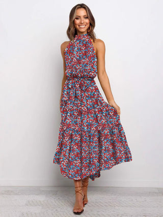 Halter Neck Wave Printing Lace-up midi Dress - Hstrends