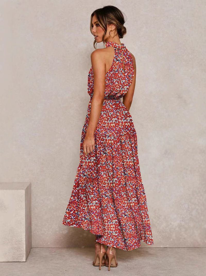 Halter Neck Wave Printing Lace-up midi Dress - Hstrends