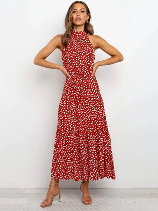 Halter Neck Wave Printing Lace-up midi Dress - Hstrends