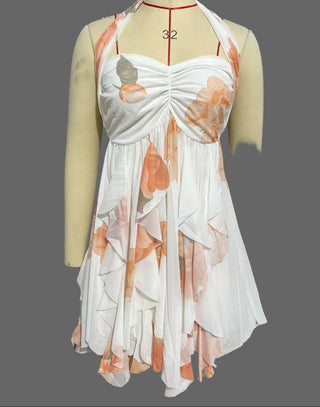 Halterneck Backless Asymmetrical Ditsy Floral Ruffle Hem Camisole Mini Skirt Dress - Hstrends