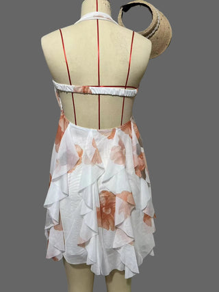 Halterneck Backless Asymmetrical Ditsy Floral Ruffle Hem Camisole Mini Skirt Dress - Hstrends