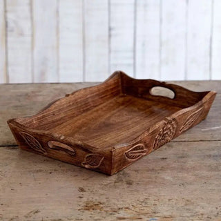 Hand Carved Wooden Tea Tray - Mango Wood Serving Tray - Hstrends
