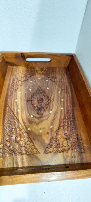 Hand crafted 3 set sasswood trays with carving and bras work - Hstrends