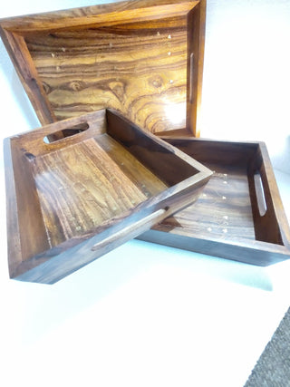 Hand crafted 3 set sasswood trays with carving and bras work - Hstrends