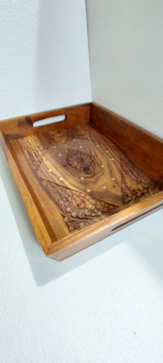 Hand crafted 3 set sasswood trays with carving and bras work - Hstrends