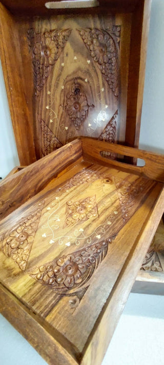 Hand crafted 3 set sasswood trays with carving and bras work - Hstrends