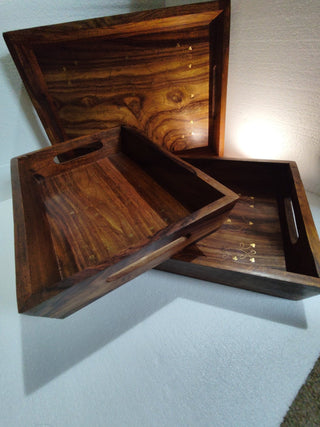 Hand crafted 3 set sasswood trays with carving and bras work - Hstrends