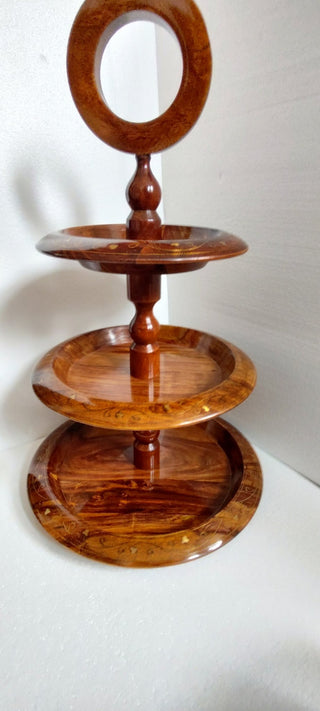 Hand crafted with bras work 3 tier rosewood dessert serving tray - Hstrends