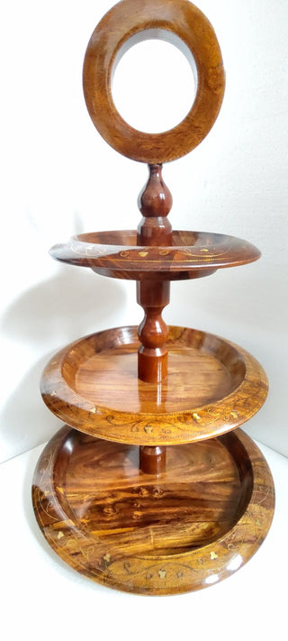 Hand crafted with bras work 3 tier rosewood dessert serving tray - Hstrends