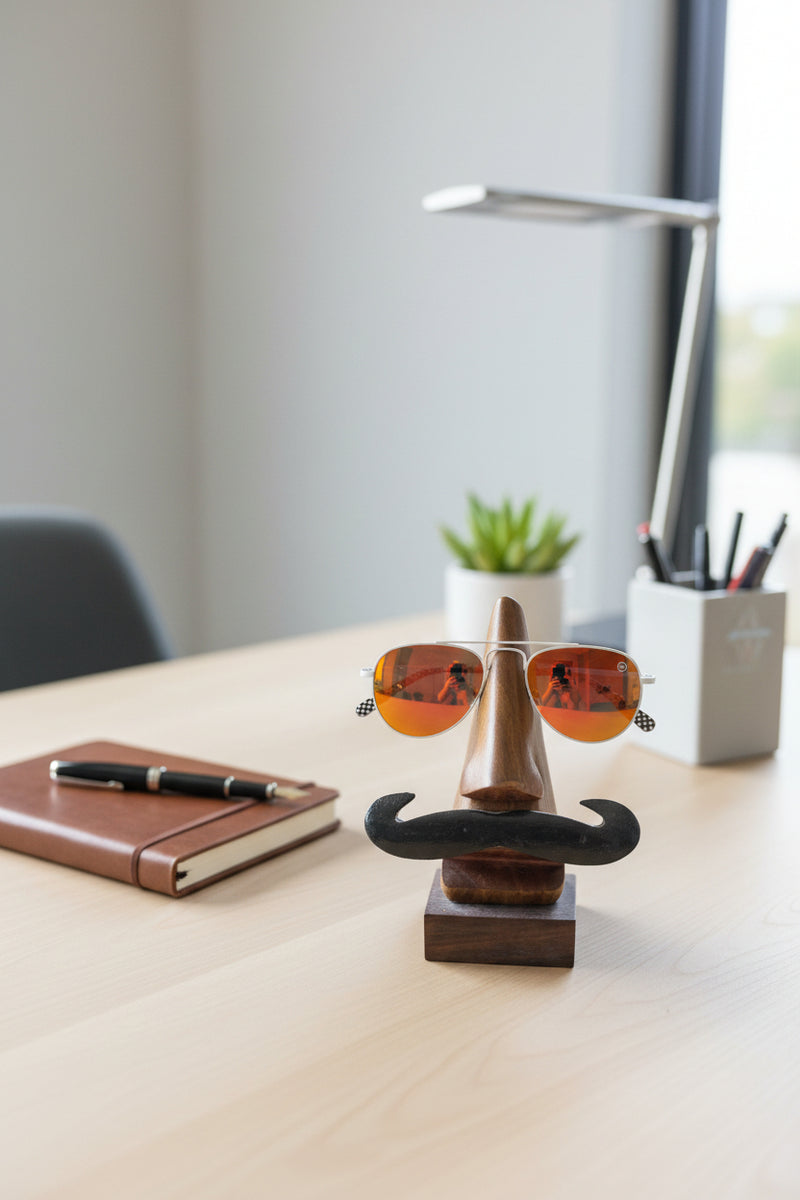 A pair of sunglasses with orange mirrored lenses and white frames, displayed on a wooden stand shaped like a face with a black mustache, set against a dark gray background.