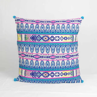 Handloom Bohemian Cotton Cushion Cover 16'' - Beige/Blue - Hstrends