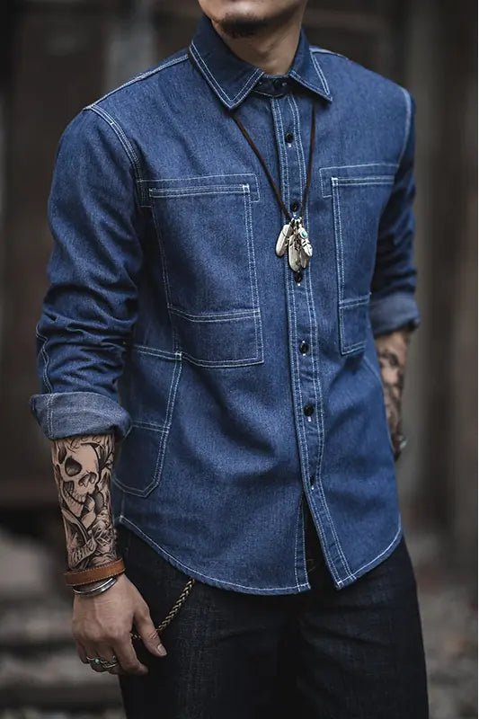 Heavy Denim Vintage Work Shirt for Men - Hstrends