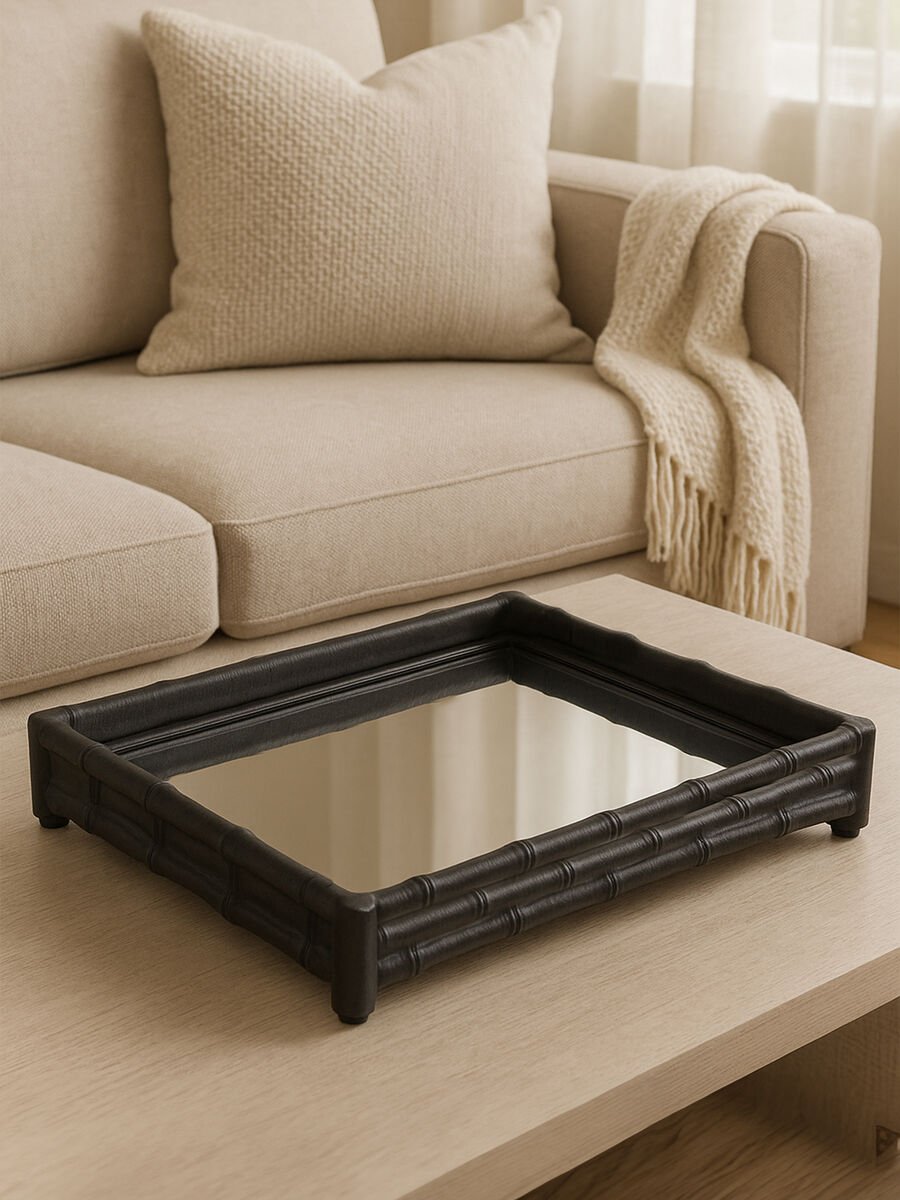 Hiba Black Finish Bamboo Effect Mirrored Tray - Hstrends