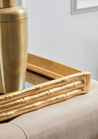 Hiba Gold Finish Bamboo Effect Mirrored Tray - Hstrends