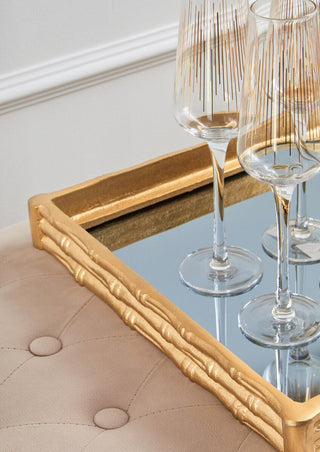 Hiba Gold Finish Bamboo Effect Mirrored Tray - Hstrends