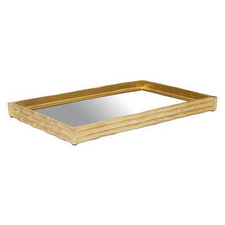 Hiba Gold Finish Bamboo Effect Mirrored Tray - Hstrends
