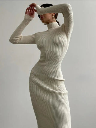 High - Neck Knitted Midi Dress - Hstrends