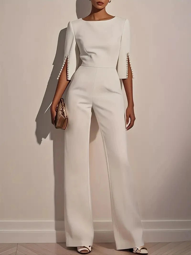 High Waist Casual Beaded half Sleeve Round Neck Straight Jumpsuit - Hstrends