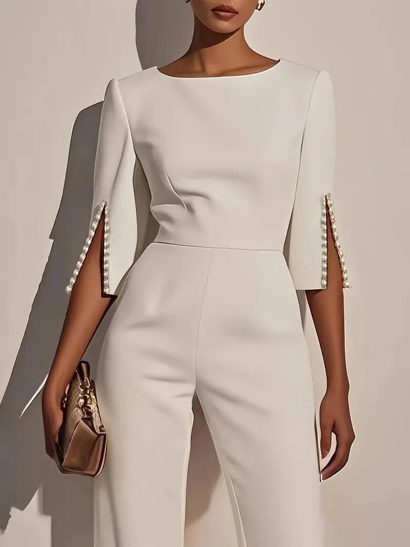 High Waist Casual Beaded half Sleeve Round Neck Straight Jumpsuit - Hstrends