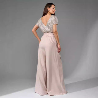 High Waist Sequin Patchwork Short Sleeved Jumpsuit - Hstrends