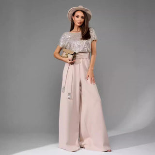 High Waist Sequin Patchwork Short Sleeved Jumpsuit - Hstrends