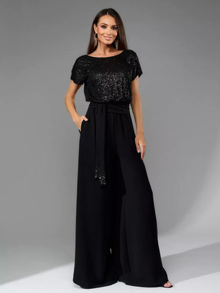 High Waist Sequin Patchwork Short Sleeved Jumpsuit - Hstrends