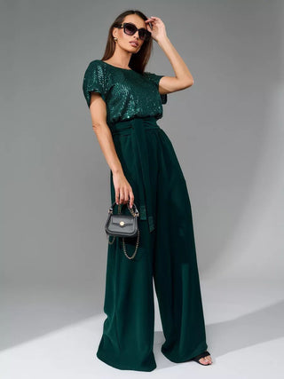 High Waist Sequin Patchwork Short Sleeved Jumpsuit - Hstrends