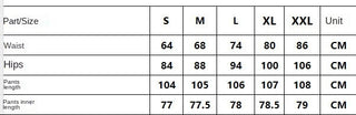 A size table titled 'MH1025# bulk size table' showing measurements for waist, hips, pants length, and pants inner length in centimeters across sizes S, M, L, XL, and XXL.