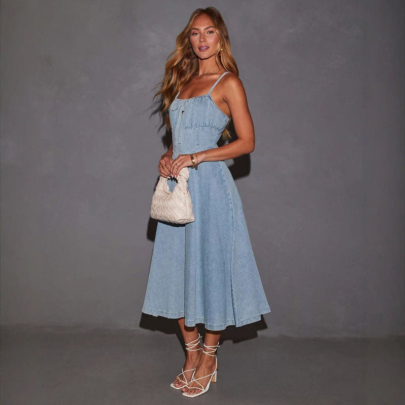 Hollow Strap Slim Waist Denim midi Dress - Hstrends