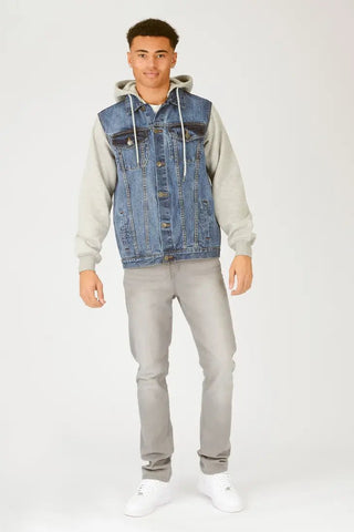 Hooded Fleece Denim Jacket - Mid Blue Wash - Hstrends