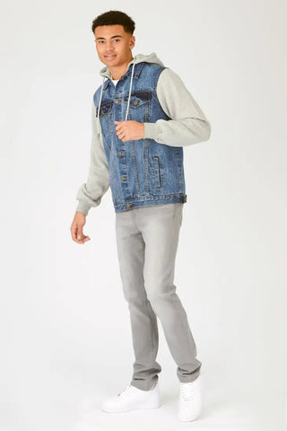 Hooded Fleece Denim Jacket - Mid Blue Wash - Hstrends