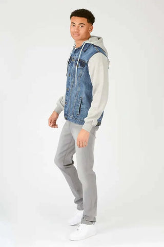 Hooded Fleece Denim Jacket - Mid Blue Wash - Hstrends
