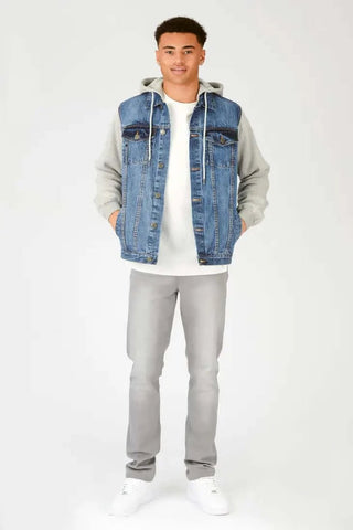Hooded Fleece Denim Jacket - Mid Blue Wash - Hstrends