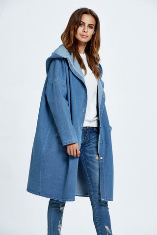 Hooded Long Denim Cardigan Jacket for Women - Hstrends