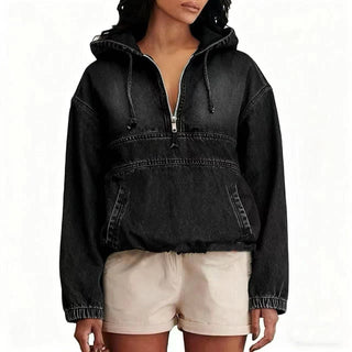 Hooded Long - Sleeve pullover Denim Jacket in black navy blue and light blue - Hstrends