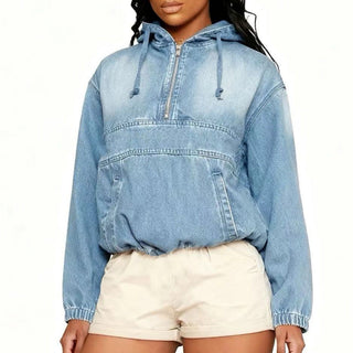 Hooded Long - Sleeve pullover Denim Jacket in black navy blue and light blue - Hstrends