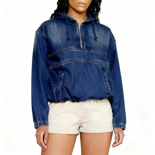 Hooded Long - Sleeve pullover Denim Jacket in black navy blue and light blue - Hstrends