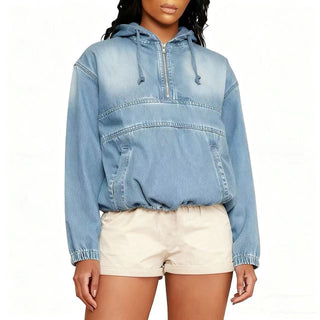 Hooded Long - Sleeve pullover Denim Jacket in black navy blue and light blue - Hstrends