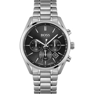 Silver watch with black dial on a white background