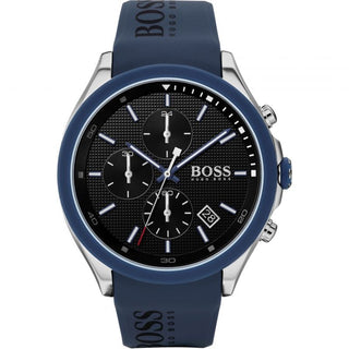Hugo Boss watch with blue strap and black dial on a white background