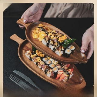 Japanese Style Wooden Leaf Shaped Tray Afternoon Tea Sushi Snack Serving Plate Vintage Wood Tea Tray Leaf Pattern Dishware - Hstrends