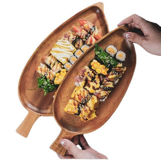 Japanese Style Wooden Leaf Shaped Tray Afternoon Tea Sushi Snack Serving Plate Vintage Wood Tea Tray Leaf Pattern Dishware - Hstrends
