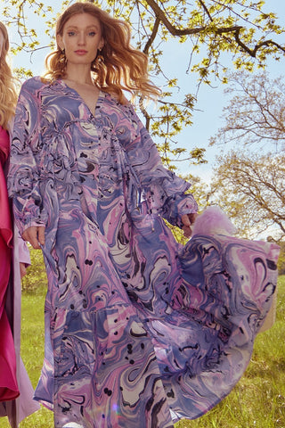 Silk Blend Purple Abstract Dress