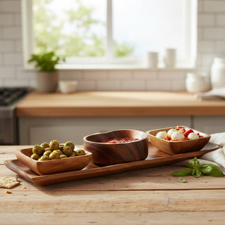 Kora Acacia Wood 3 Piece Serving Dish Set With Tray - Hstrends