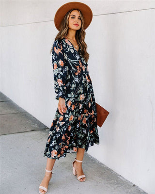 Ladies Printed Mid - Waist French Long Sleeve V - Neck Dress - Hstrends