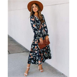 Ladies Printed Mid - Waist French Long Sleeve V - Neck Dress - Hstrends