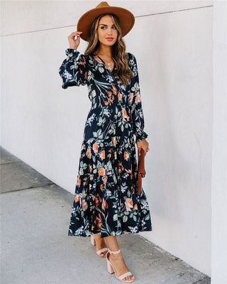 Ladies Printed Mid - Waist French Long Sleeve V - Neck Dress - Hstrends